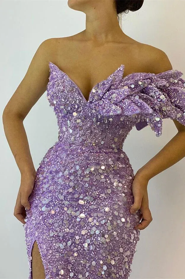 Mermaid Strapless V neck Lilac African Prom Dress Sequins Long Evening Formal Dress #POL035