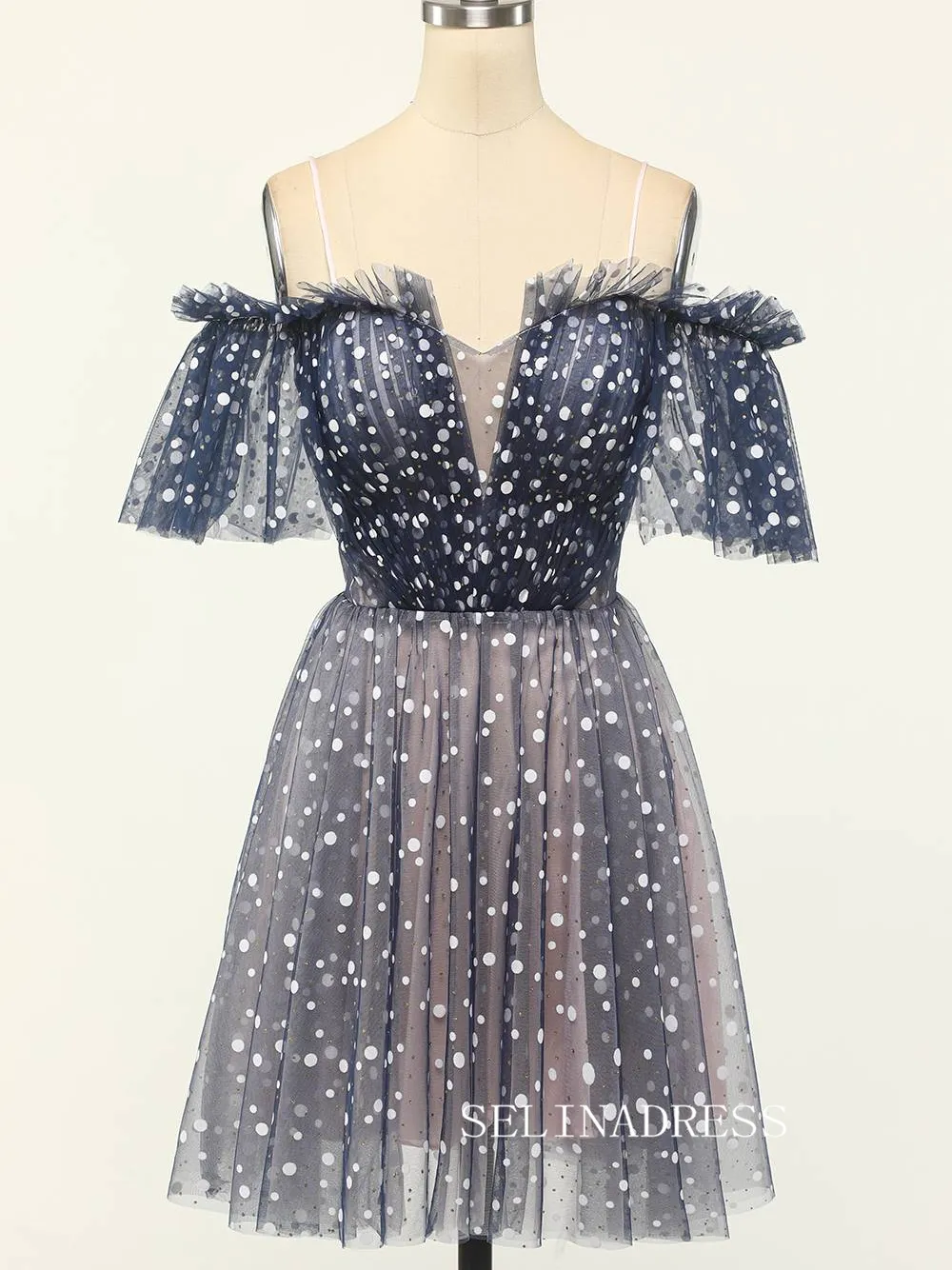 Off the Shoulder Navy Blue Polka Dots Tulle Sparkly Homecoming Dress SEA010