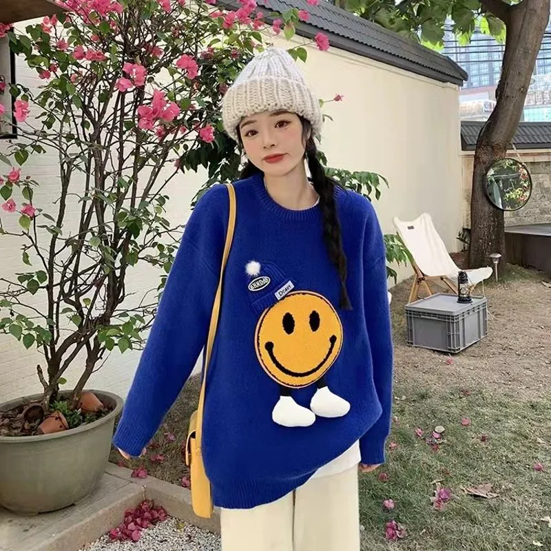 Patchwork Smiling Face Casual Loose Fit Sweater