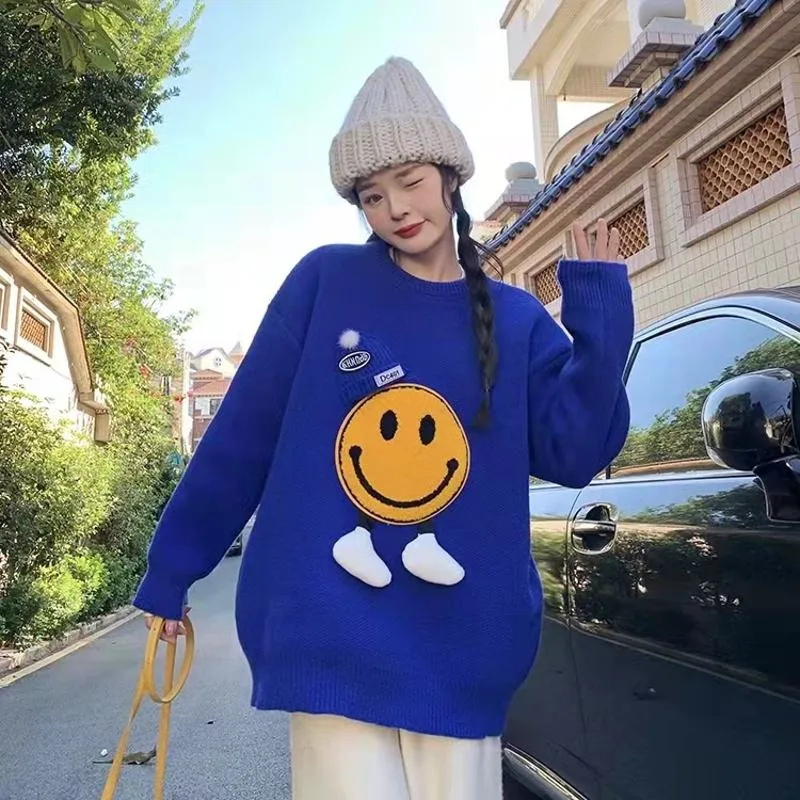 Patchwork Smiling Face Casual Loose Fit Sweater