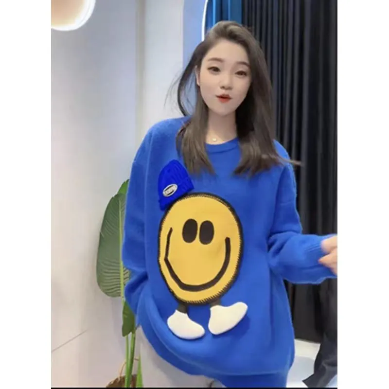 Patchwork Smiling Face Casual Loose Fit Sweater