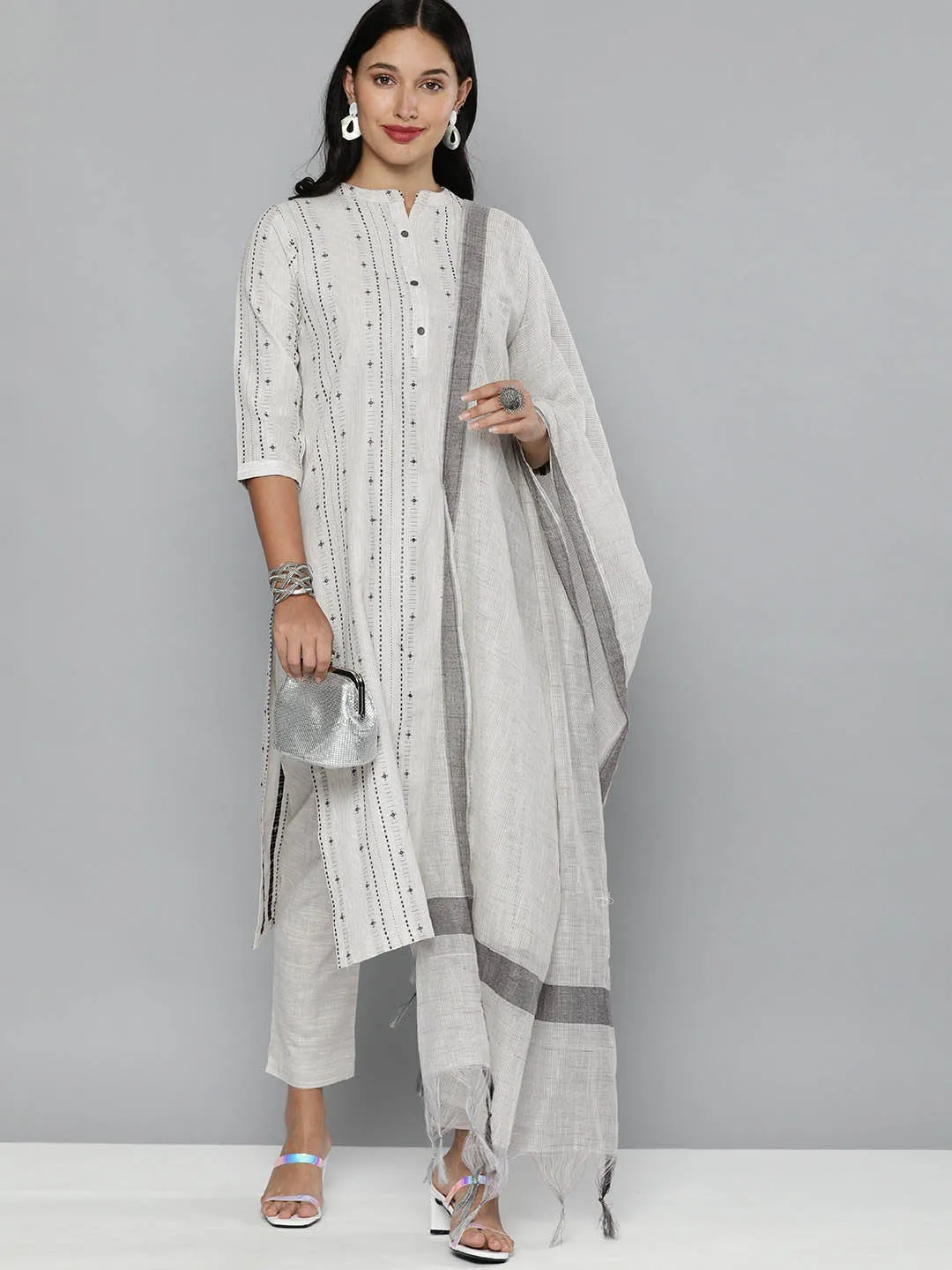 Pure Cotton Handloom Unstitched Grey Ethnic Salwar Suit Material