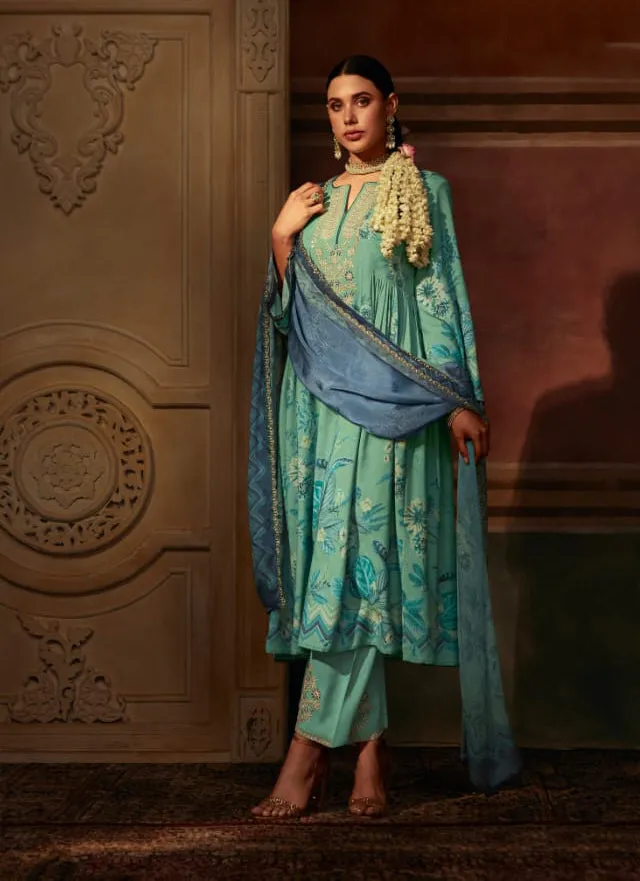 Pure Muslin Teal Green Unstitched Suit Dress Material for Women