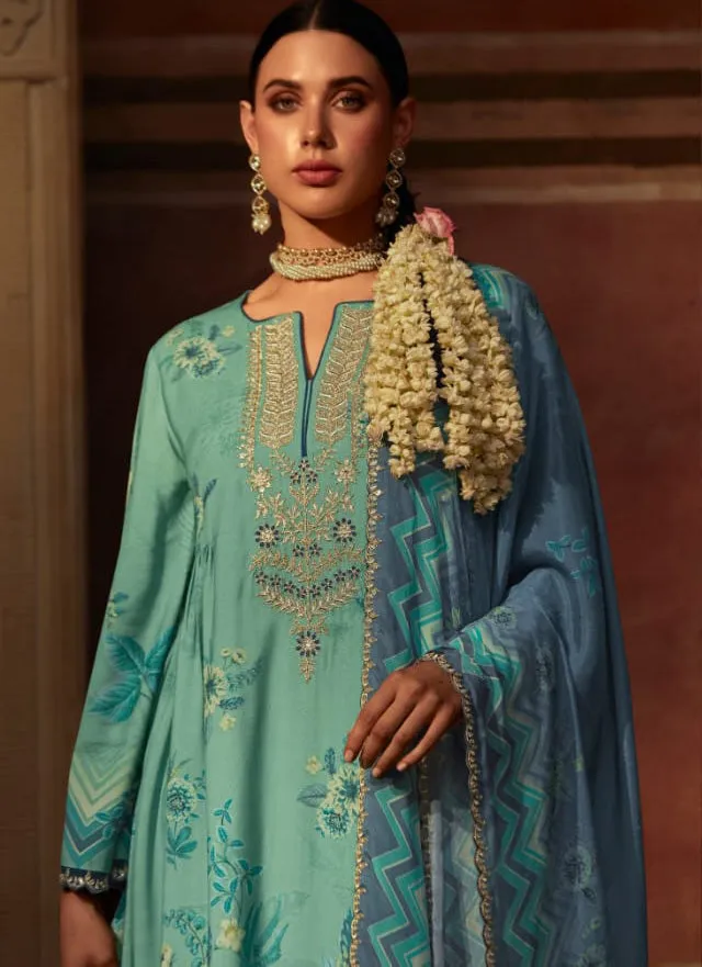 Pure Muslin Teal Green Unstitched Suit Dress Material for Women