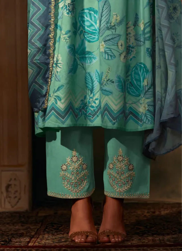 Pure Muslin Teal Green Unstitched Suit Dress Material for Women