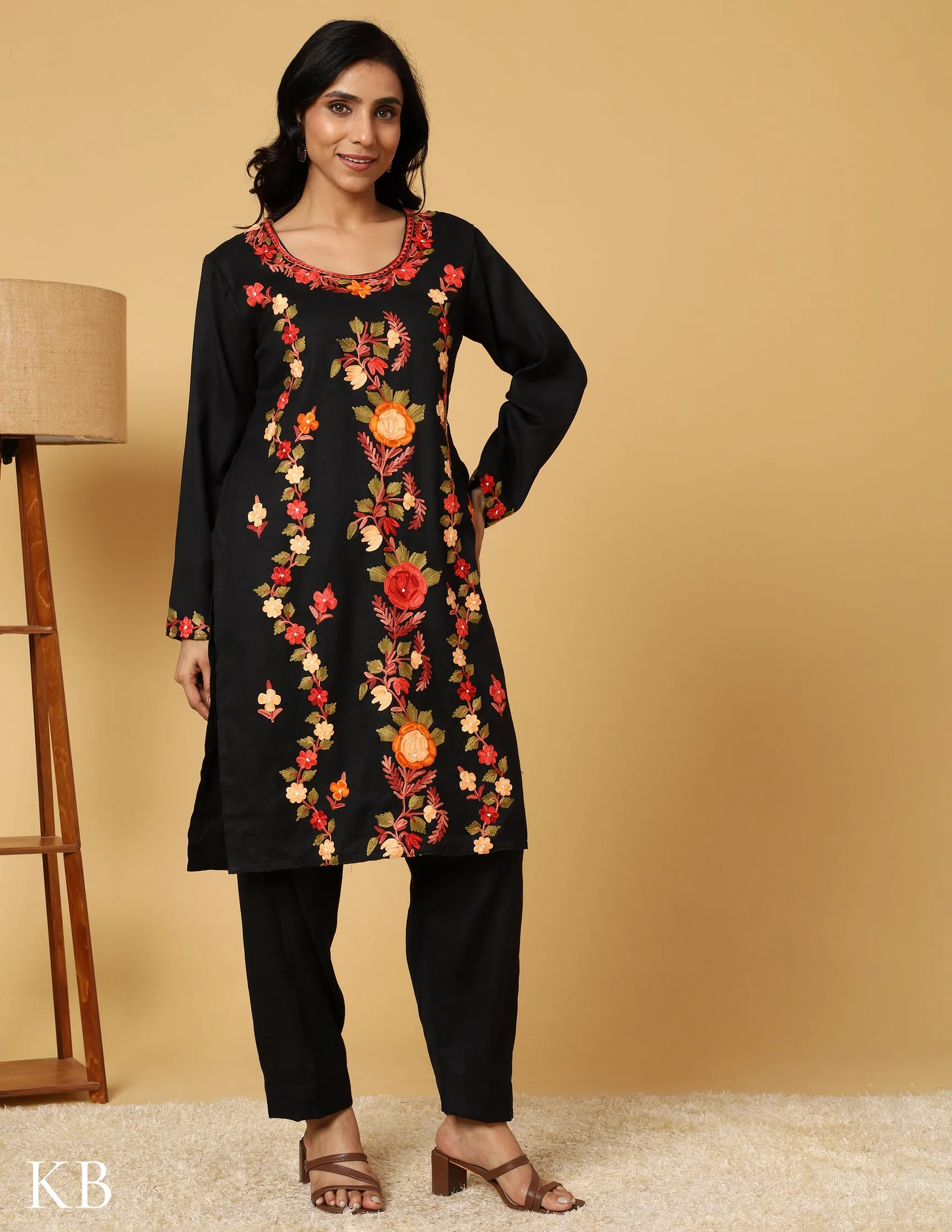 Raven Black Aari Embroidered Woolen Suit Set