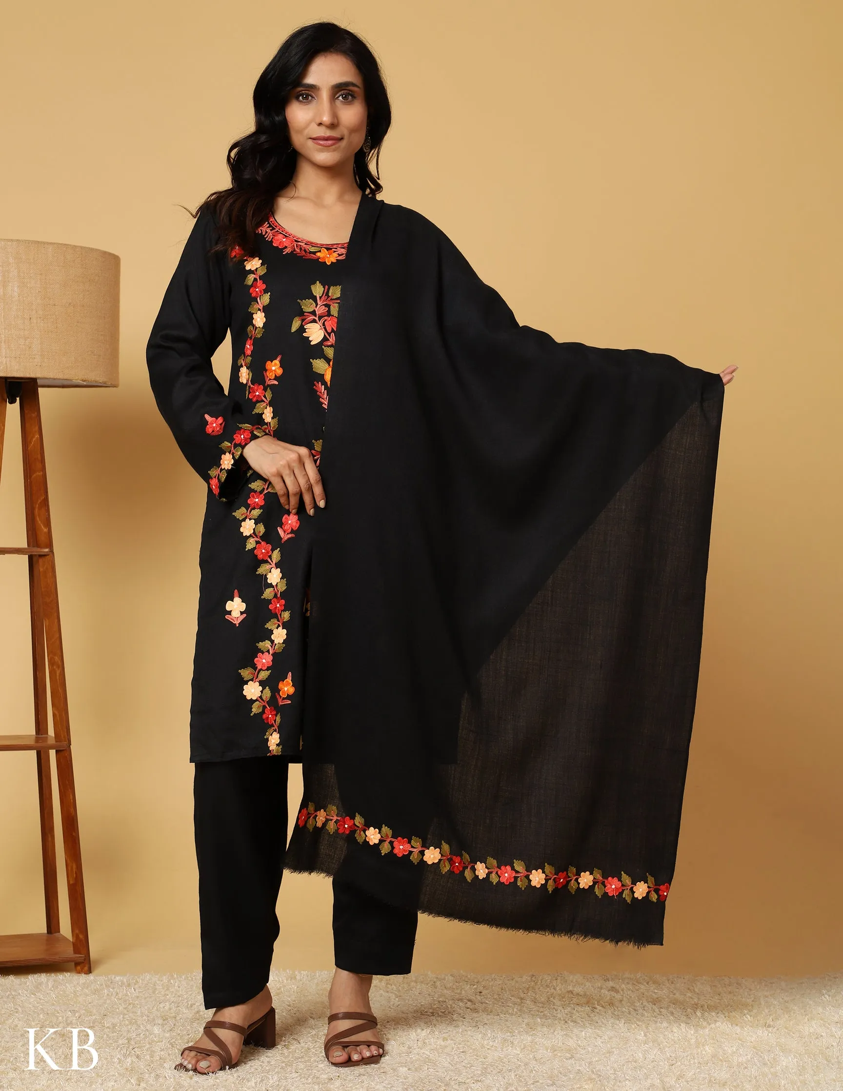 Raven Black Aari Embroidered Woolen Suit Set