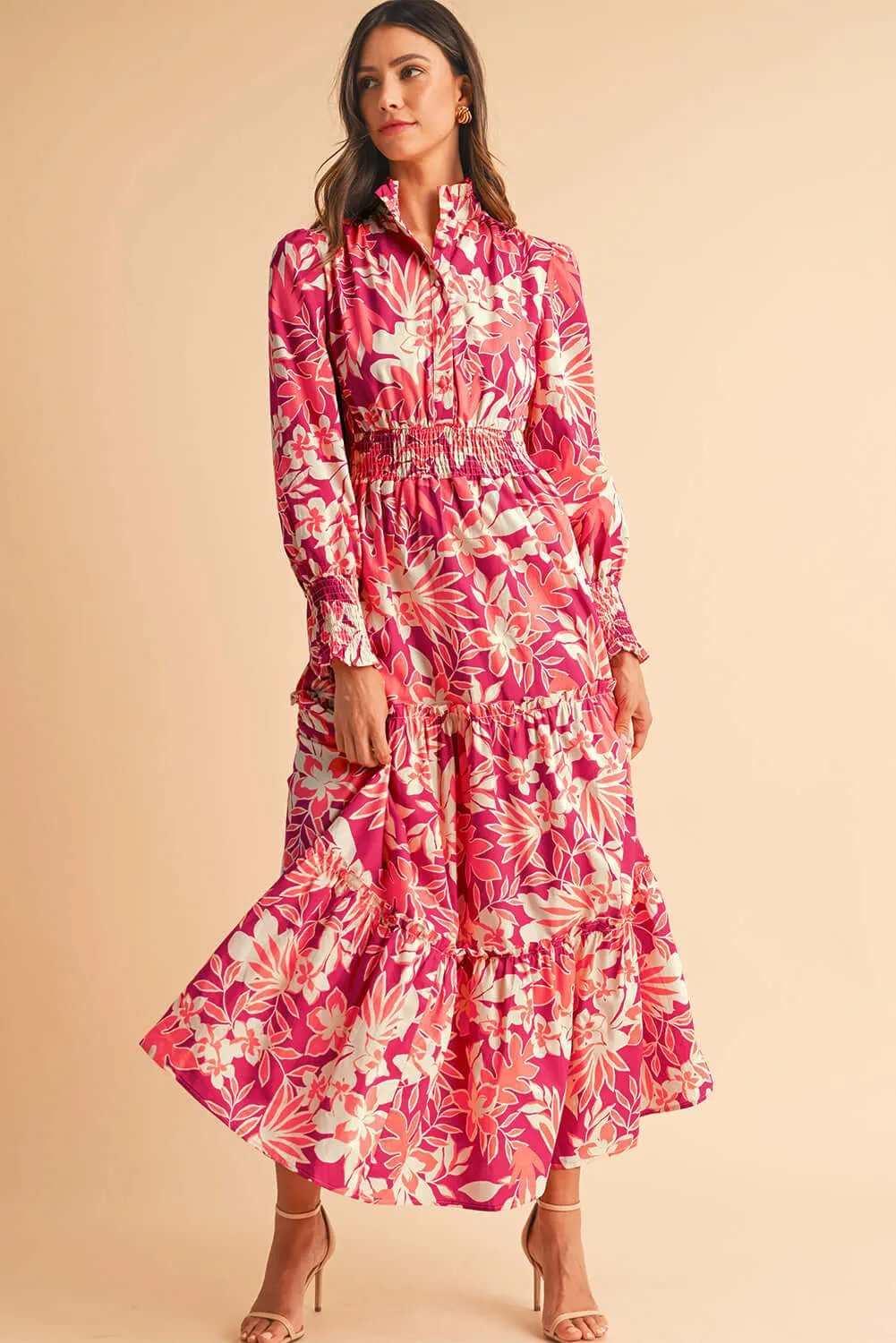 Rose Floral Print Buttoned Smocked High Waist Maxi Dress