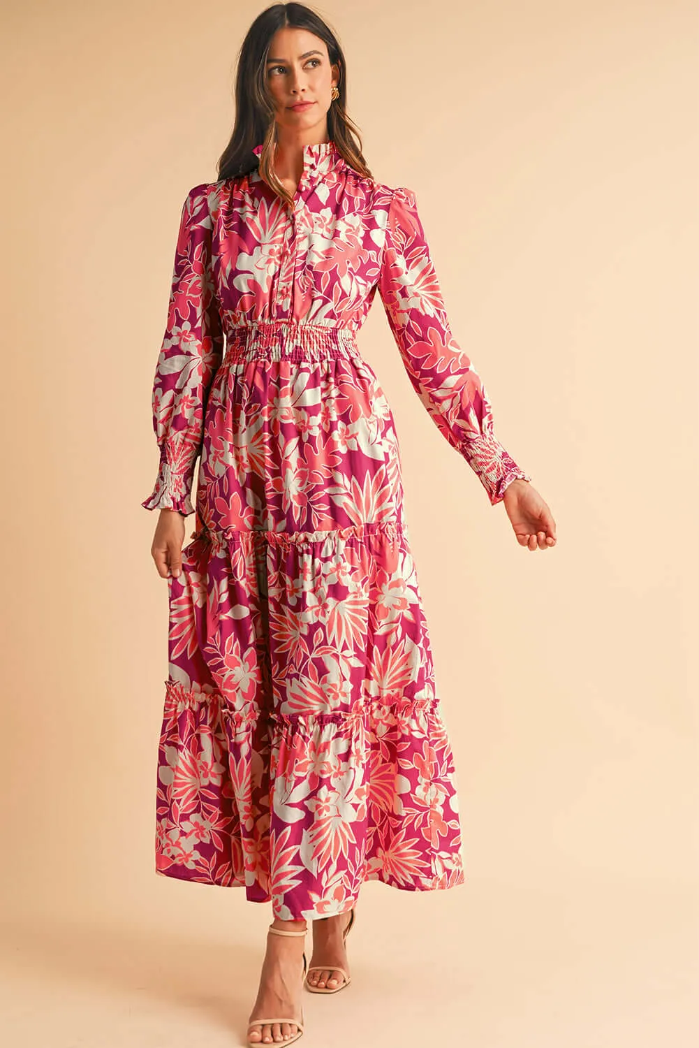 Rose Floral Print Buttoned Smocked High Waist Maxi Dress