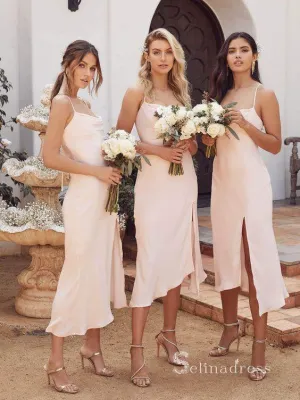 Sheath/Column Spaghetti Straps Cheap Bridesmaid Dress Tea Length Bridesmaid Dresses BRD004