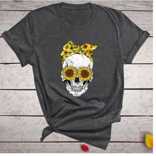 Skull  Sunflower Women T shirts