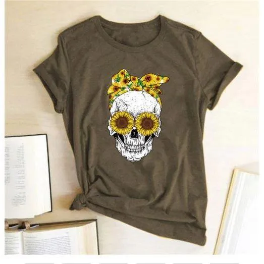 Skull  Sunflower Women T shirts