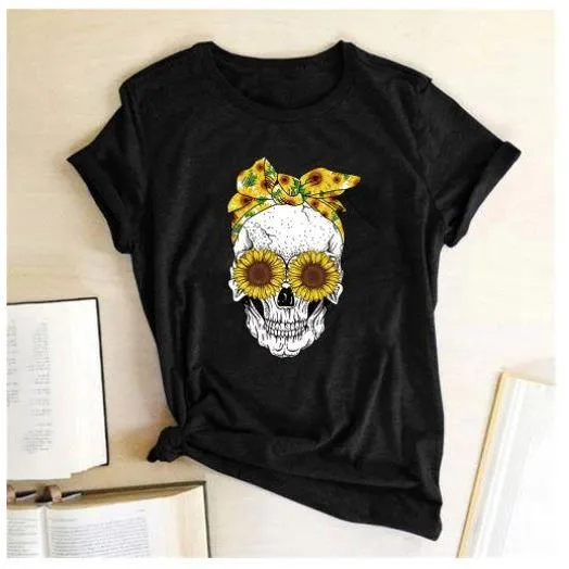 Skull  Sunflower Women T shirts