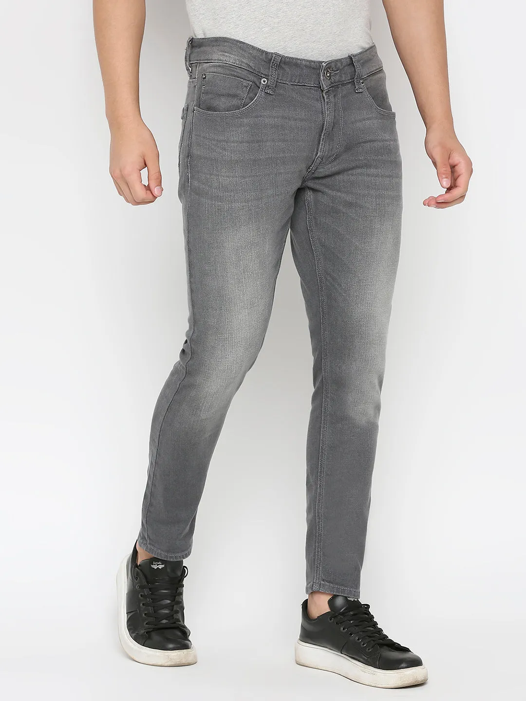 Spykar Dark Grey Cotton Slim Fit Narrow Length Jeans For Men (Kano)