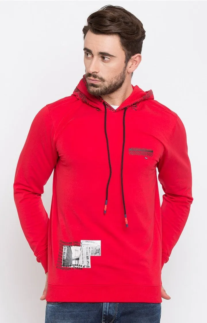 Spykar Men Red Solid Slim Fit Hooded Sweatshirt