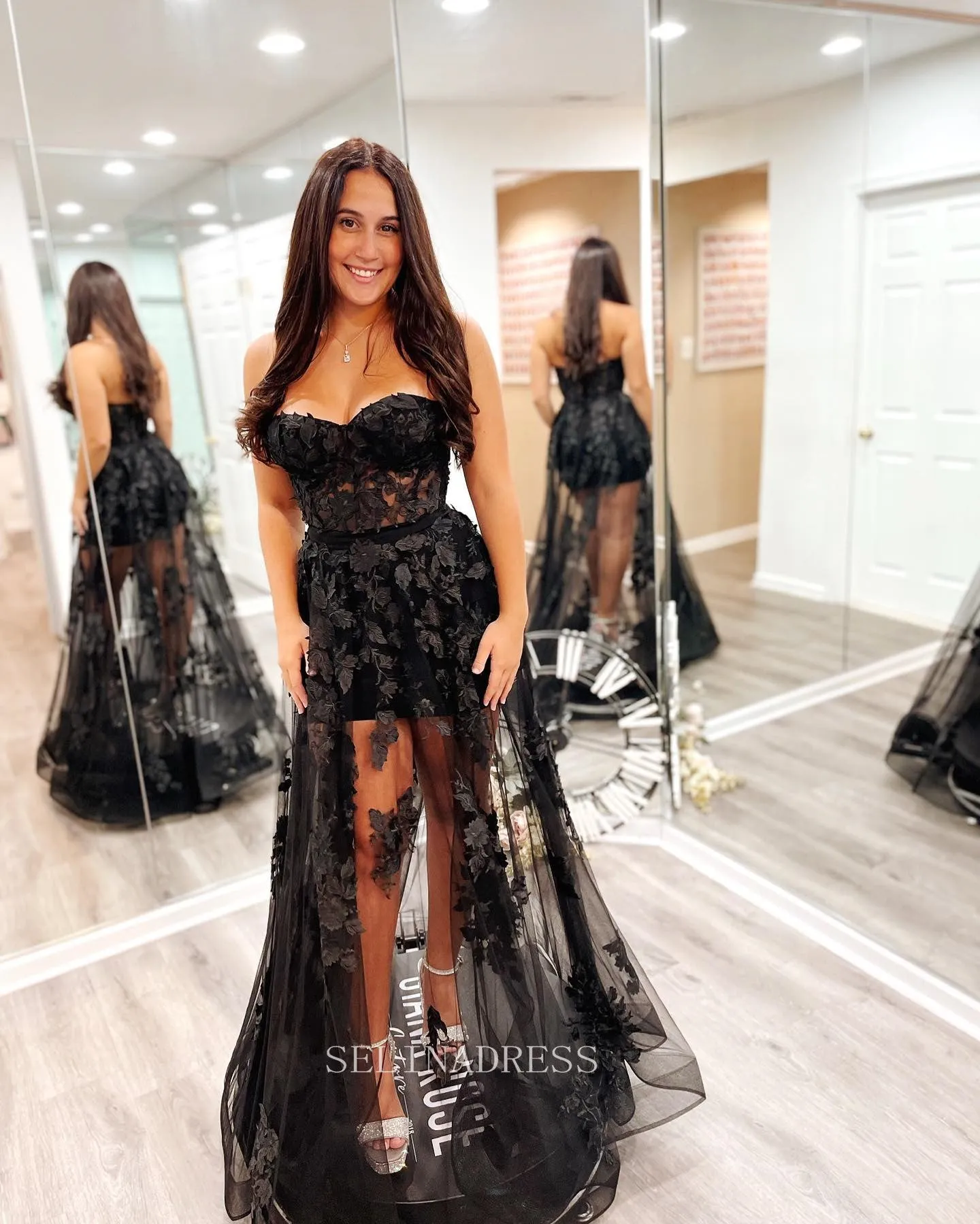 Strapless Black long Prom Dress A-line Tulle Applique Cheap Formal Dresses KPY002