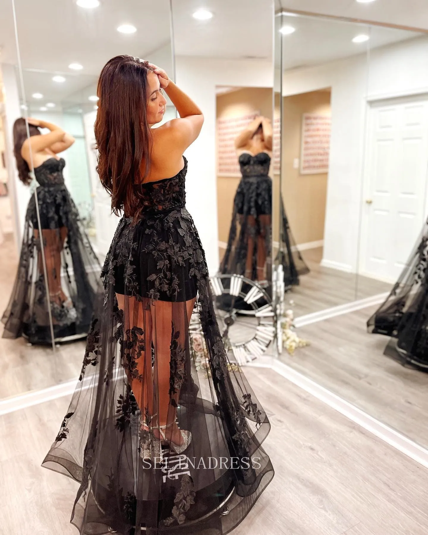 Strapless Black long Prom Dress A-line Tulle Applique Cheap Formal Dresses KPY002