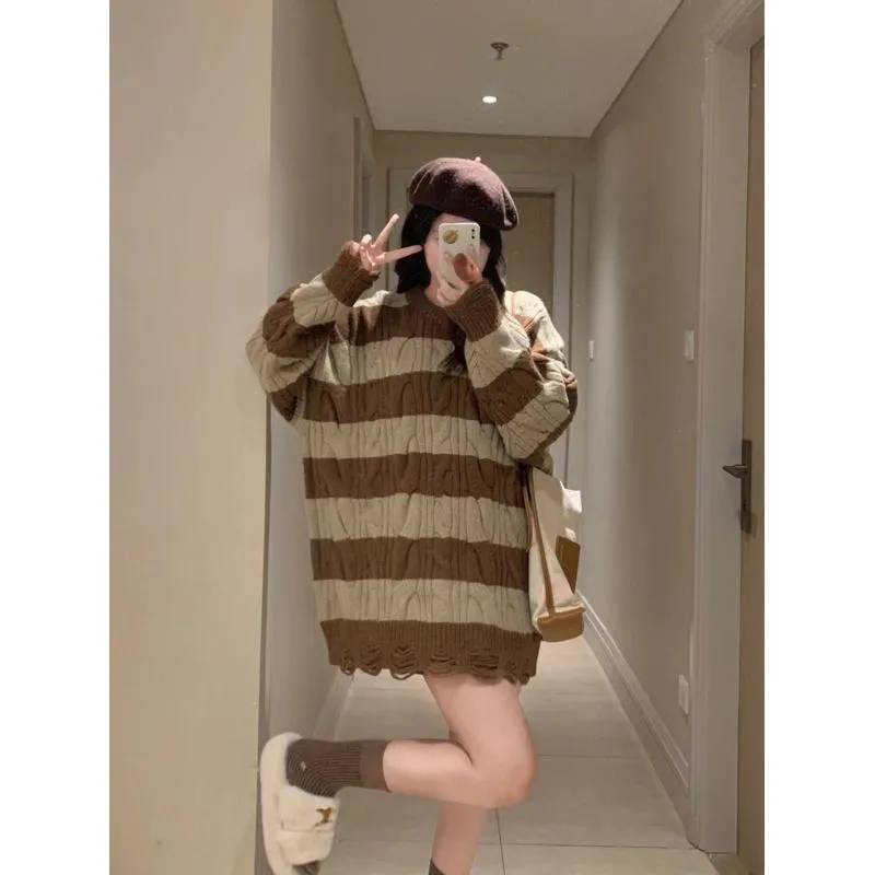 Stripe Retro Round Neck Color-Blocking Frayed Edge Knitted Loose-Fit Lazy Sweater