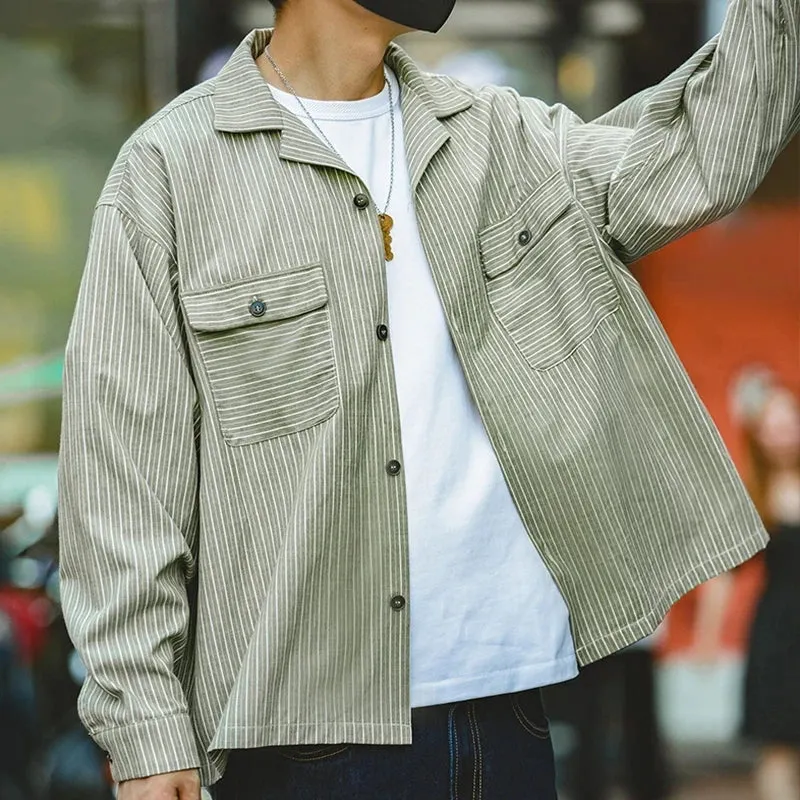 Striped Cuban Collar Men Shirt with Retro Patchwork and Vintage Pocket