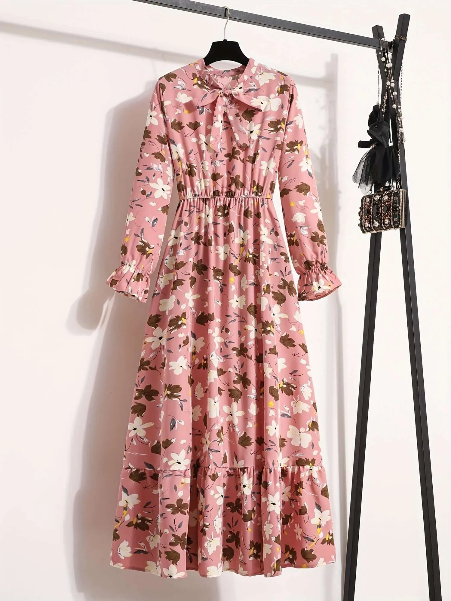 Tropical Breeze: Floral Print Tie Neck Long Sleeve Dress