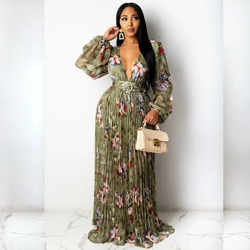 V-neck Chiffon Floral Print Pleated Maxi Dress