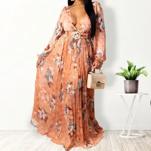 V-neck Chiffon Floral Print Pleated Maxi Dress