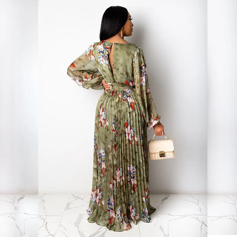 V-neck Chiffon Floral Print Pleated Maxi Dress