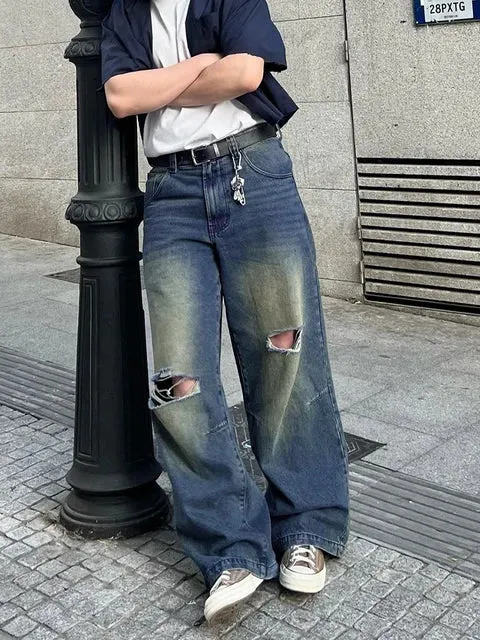 Wiaofellas Vintage Blue Baggy Wide Leg Jeans Men Washable Casual Pants Y2k Worn Out Straight Loose Pants Hiphop Trendy Street Men'S Clothes