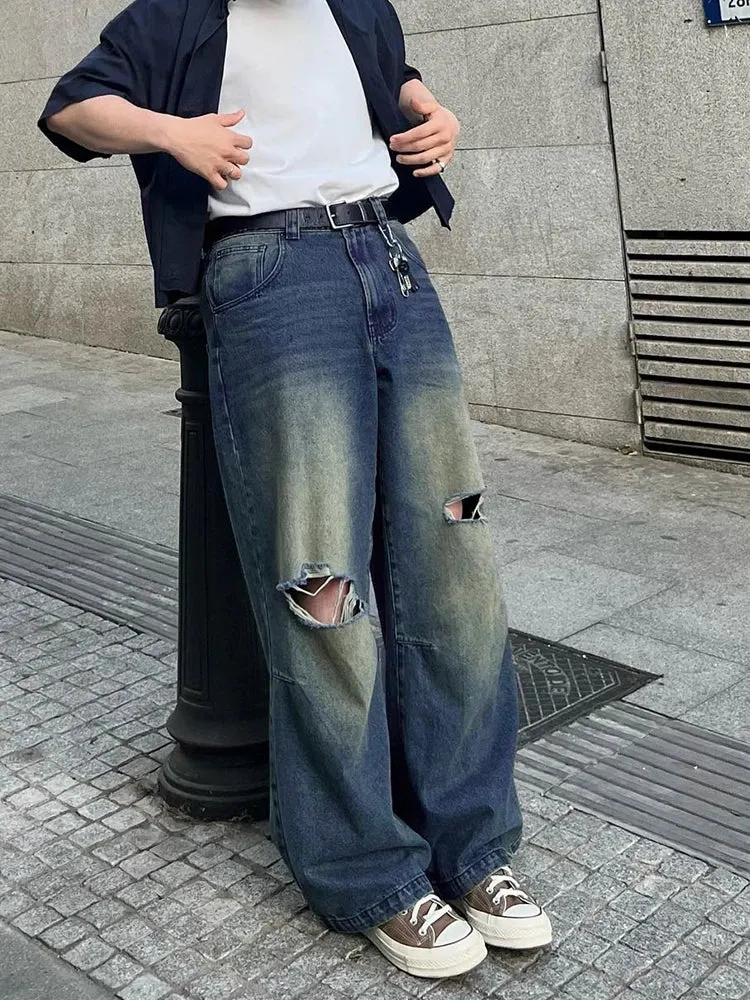 Wiaofellas Vintage Blue Baggy Wide Leg Jeans Men Washable Casual Pants Y2k Worn Out Straight Loose Pants Hiphop Trendy Street Men'S Clothes