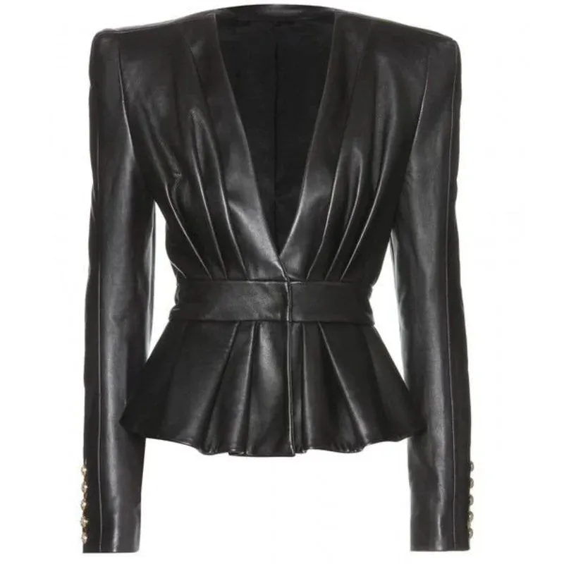 Women Black Leather Peplum Jacket