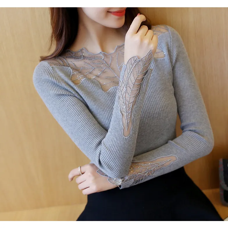 Women Elegant Lace Decorated Knitted Sweaters