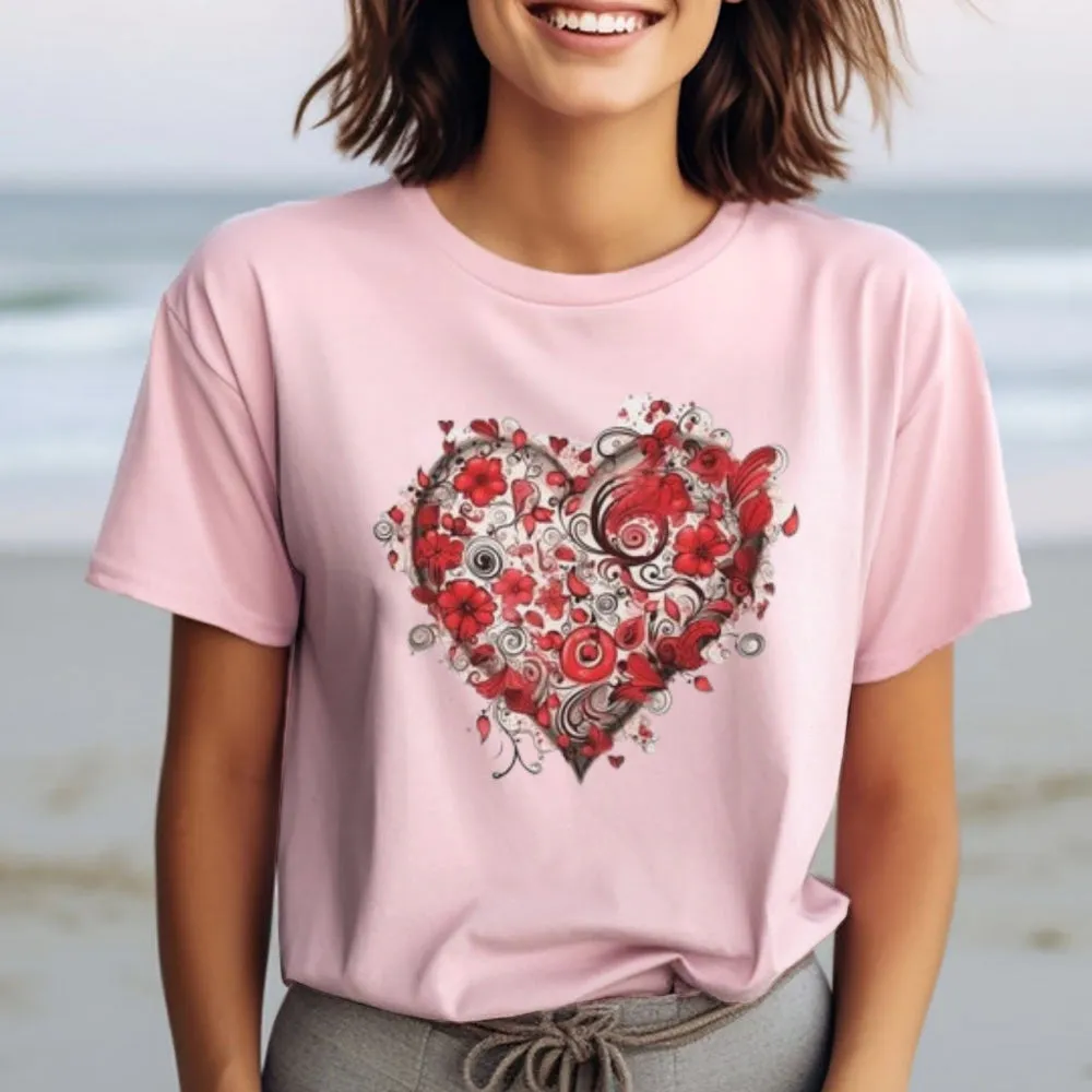 Women Love Rose Heart Valentine's Day Print Graphic T-shirt