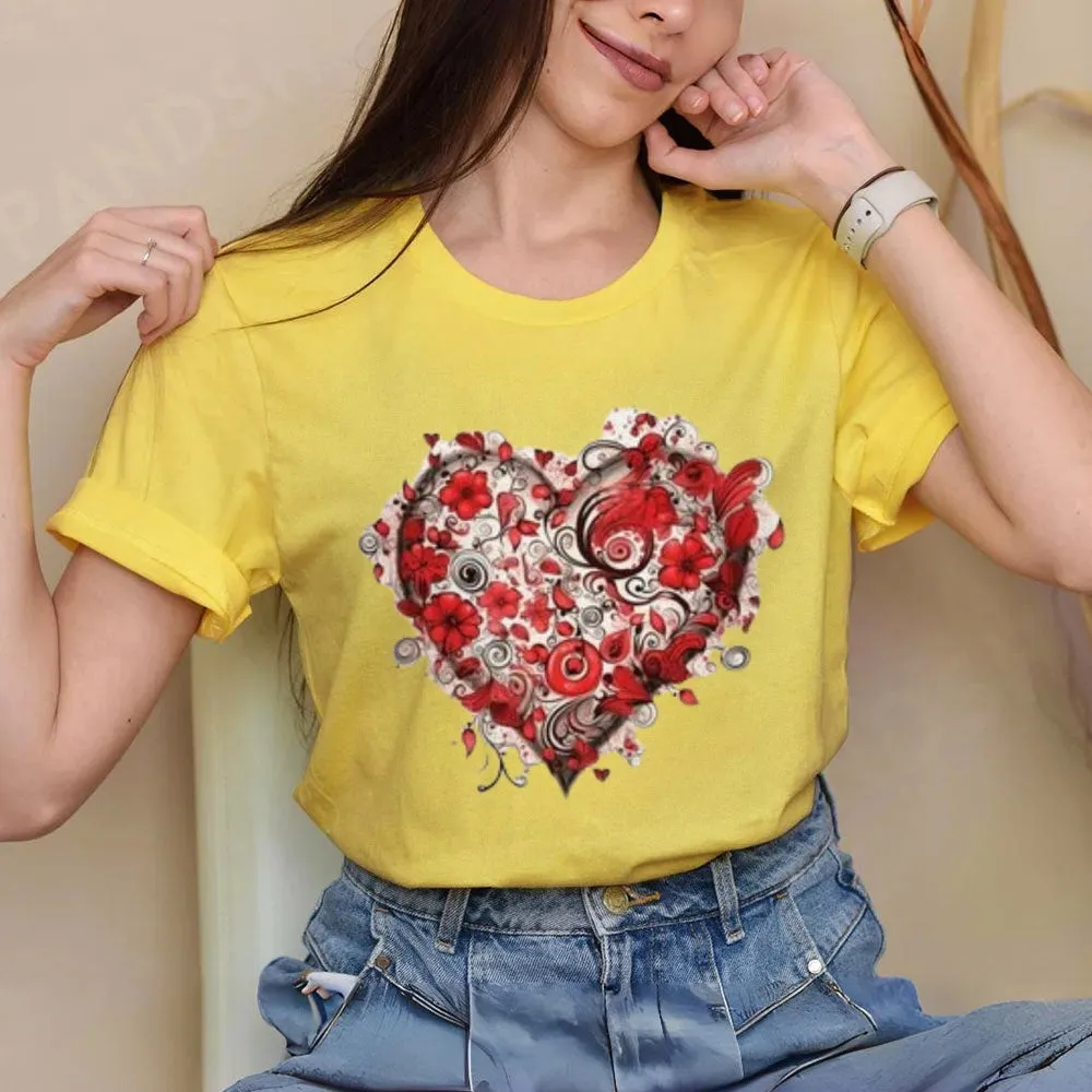 Women Love Rose Heart Valentine's Day Print Graphic T-shirt