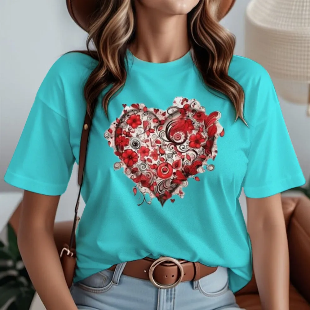 Women Love Rose Heart Valentine's Day Print Graphic T-shirt