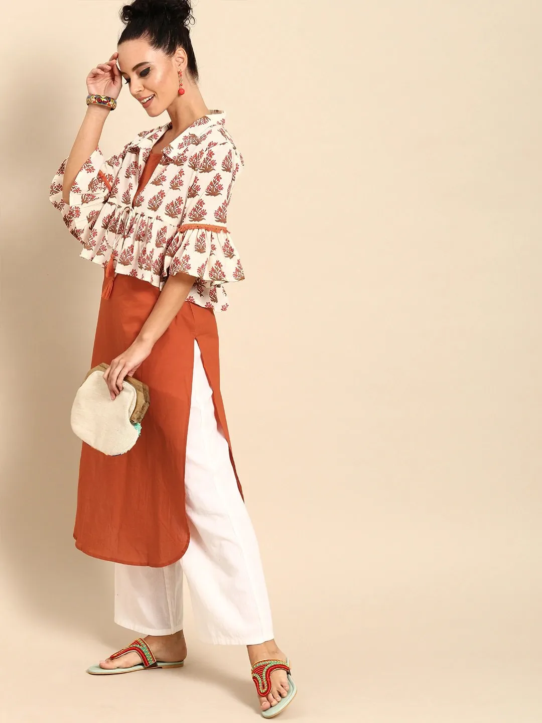 Women Rust Orange  Calf Length Three-Quarter Sleeves Straight Floral Printed Cotton Kurta With Jacket