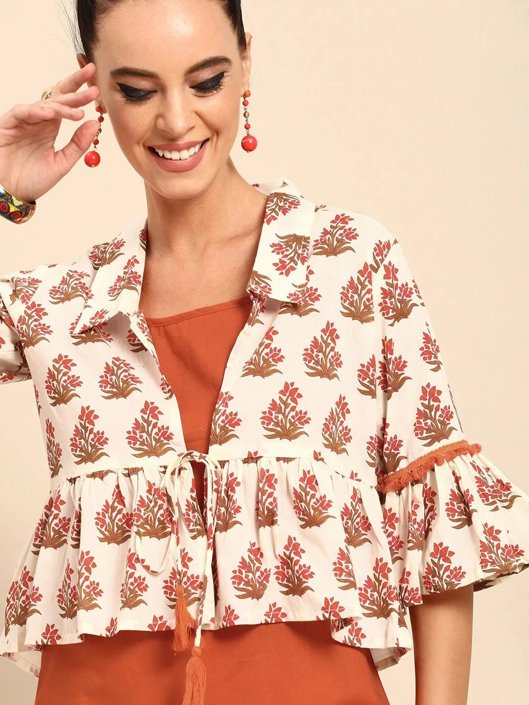 Women Rust Orange  Calf Length Three-Quarter Sleeves Straight Floral Printed Cotton Kurta With Jacket