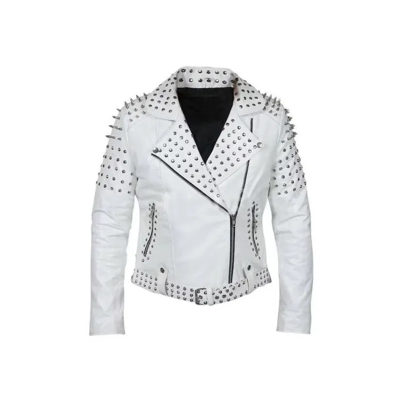 Women White Leather Studded Jacket