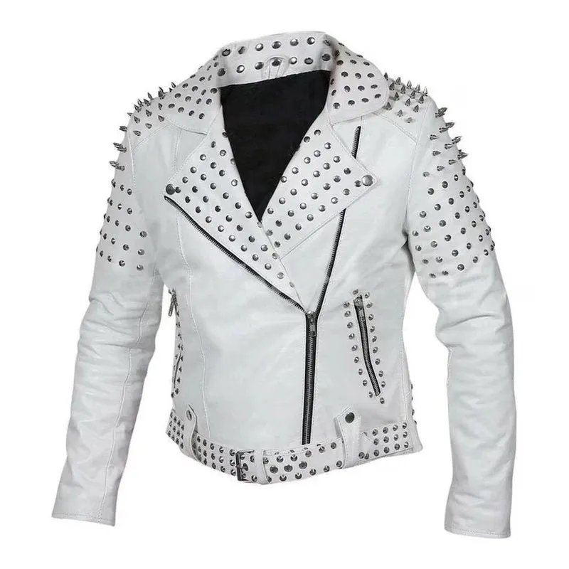 Women White Leather Studded Jacket