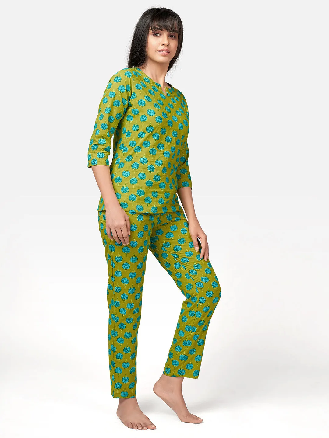 Women'S Floral Print  Cotton Parrot Green Night Suit Set